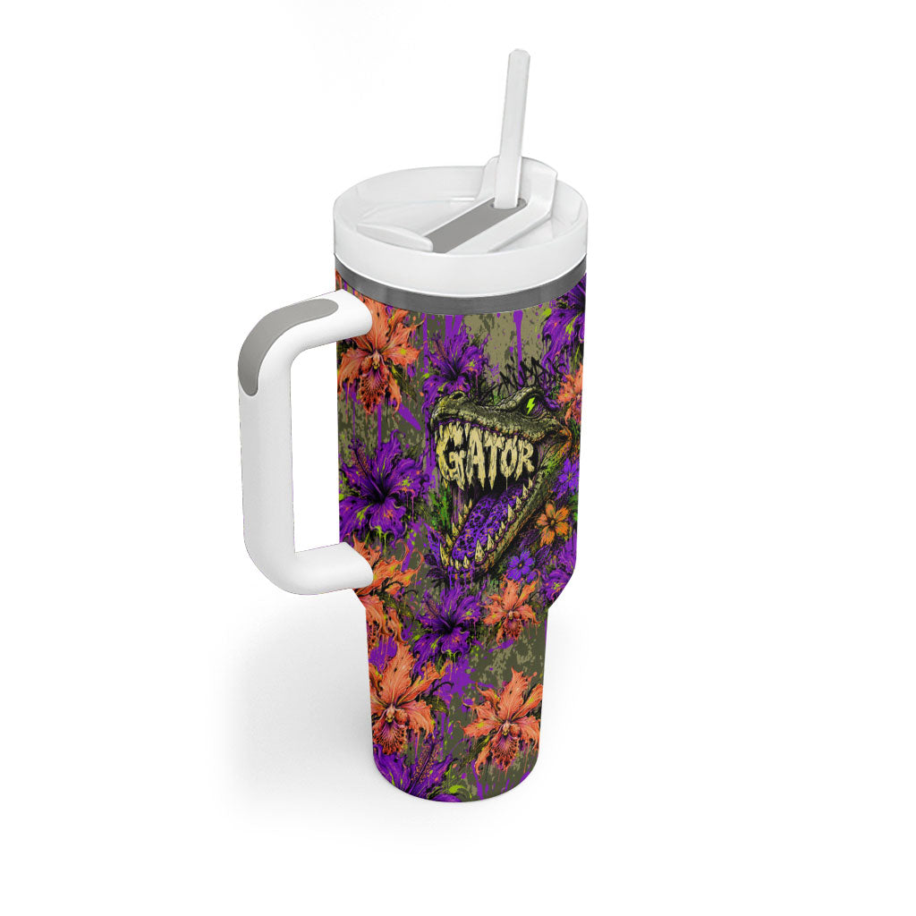 Florida Gator Wild Airboat Tumbler With Handle Tropical Hibiscus Floral Graffiti Paint Splatter Art