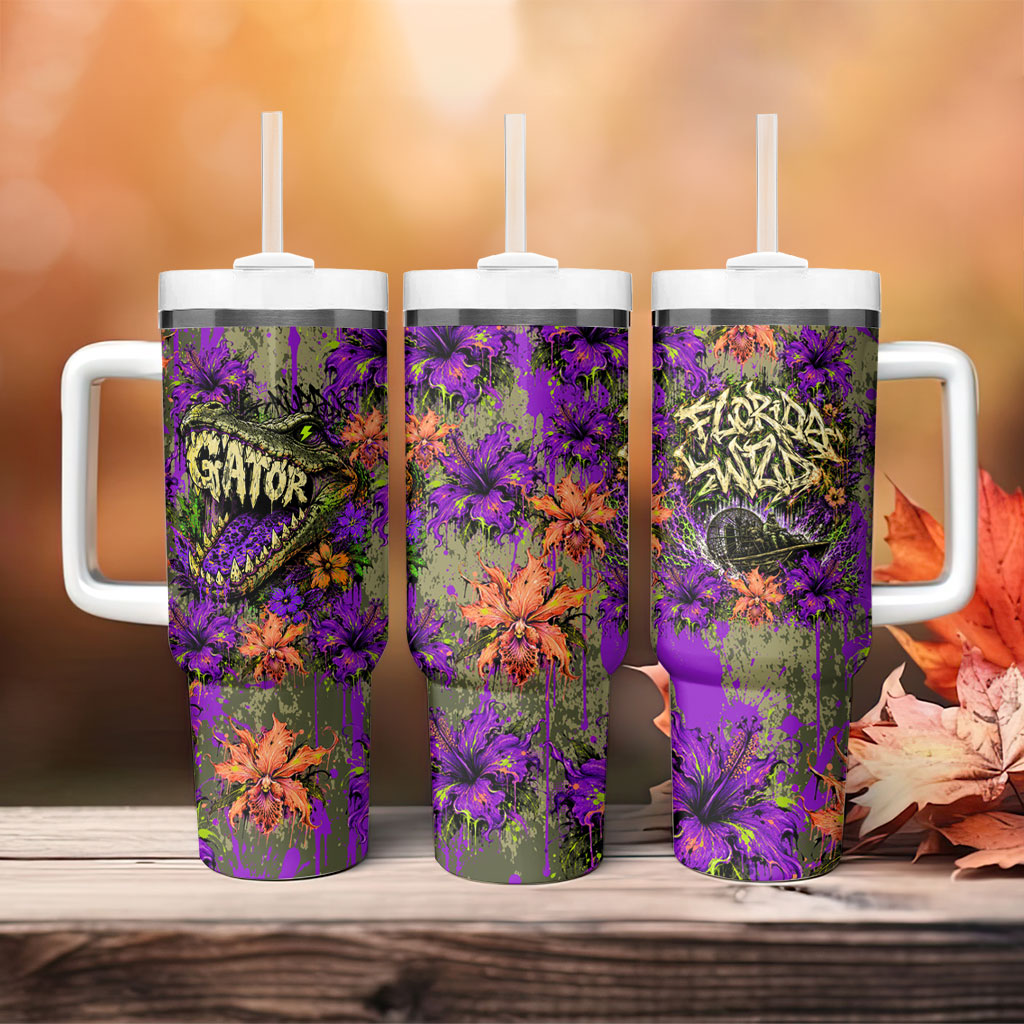 Florida Gator Wild Airboat Tumbler With Handle Tropical Hibiscus Floral Graffiti Paint Splatter Art