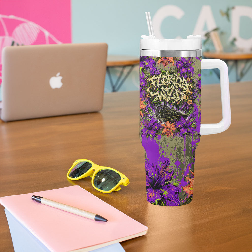 Florida Gator Wild Airboat Tumbler With Handle Tropical Hibiscus Floral Graffiti Paint Splatter Art