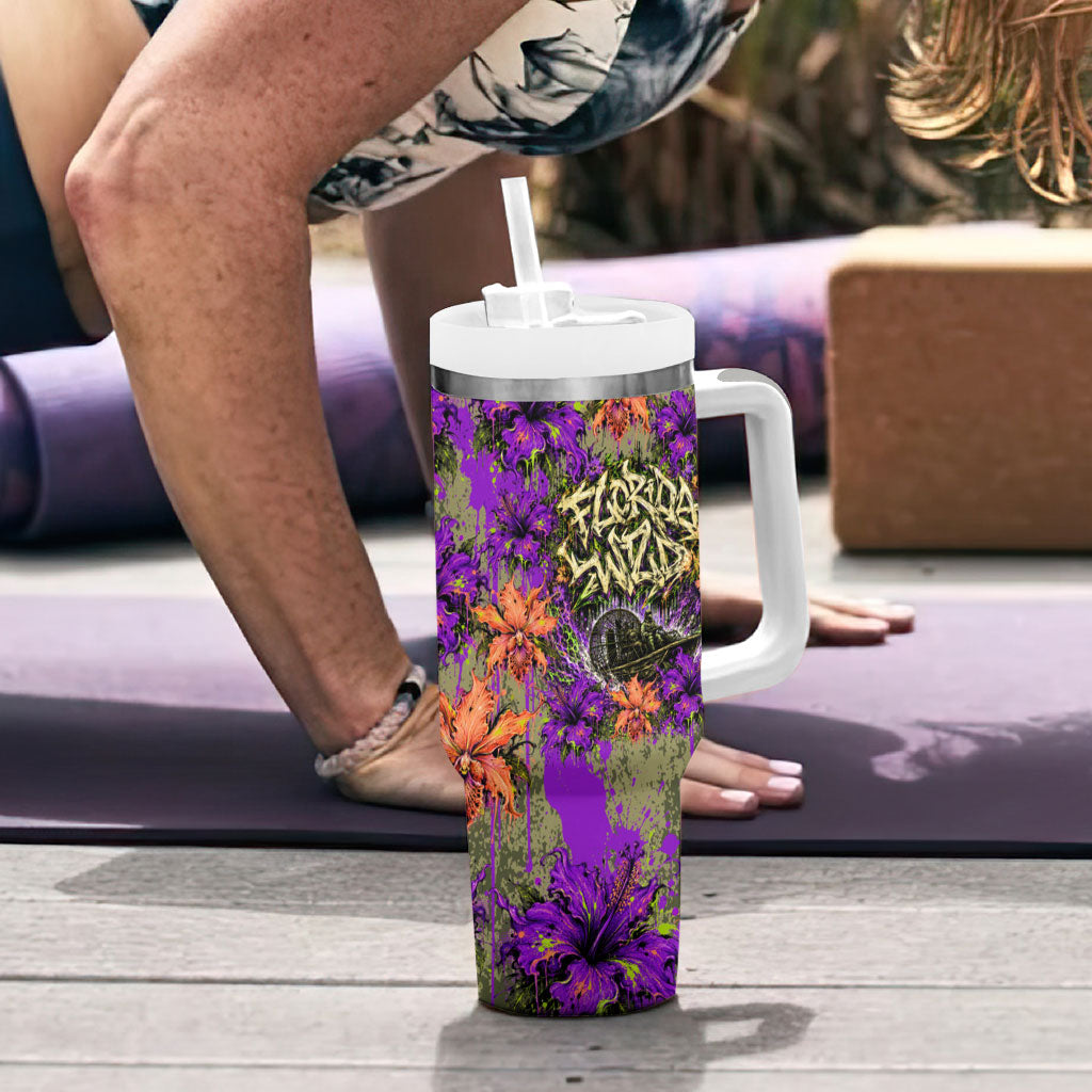 Florida Gator Wild Airboat Tumbler With Handle Tropical Hibiscus Floral Graffiti Paint Splatter Art