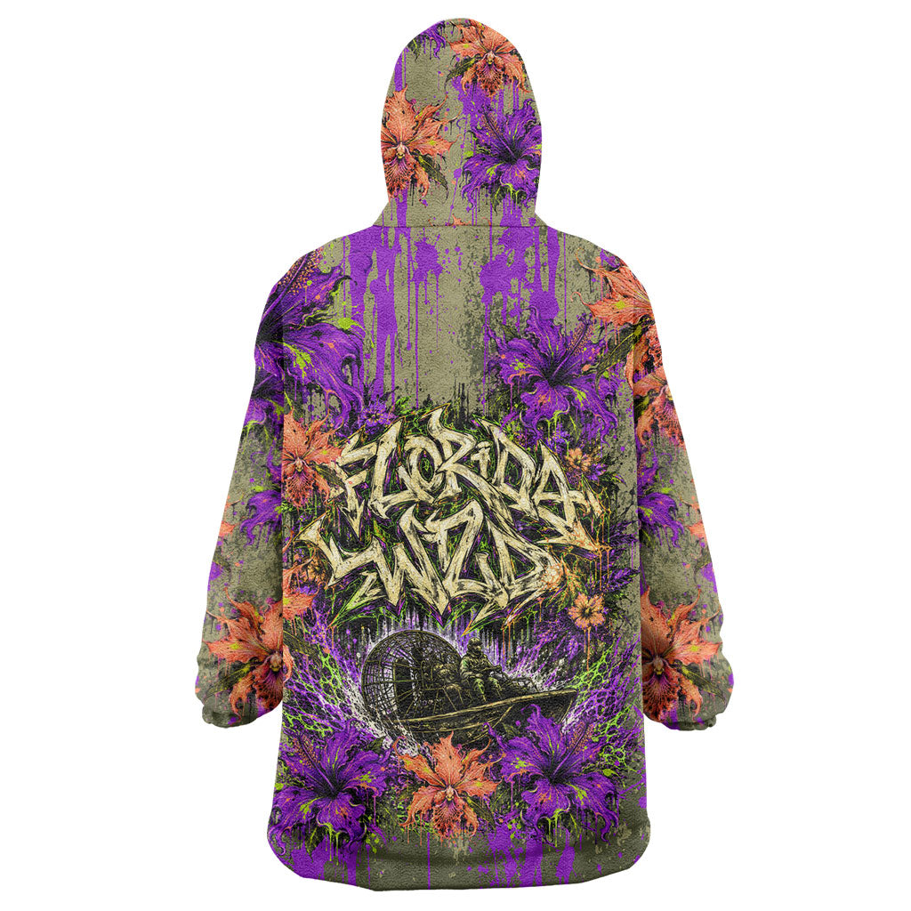 Florida Gator Wild Airboat Wearable Blanket Hoodie Tropical Hibiscus Floral Graffiti Paint Splatter Art