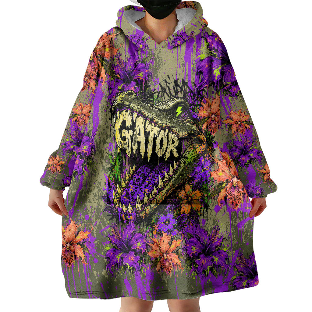 Florida Gator Wild Airboat Wearable Blanket Hoodie Tropical Hibiscus Floral Graffiti Paint Splatter Art