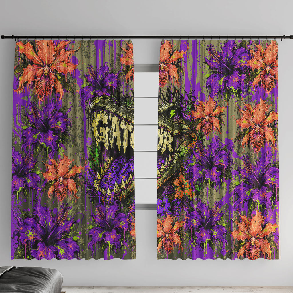 Florida Gator Wild Airboat Window Curtain Tropical Hibiscus Floral Graffiti Paint Splatter Art