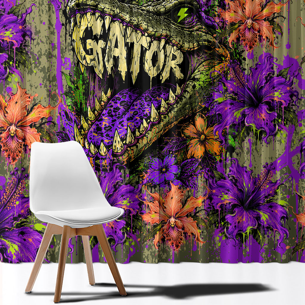 Florida Gator Wild Airboat Window Curtain Tropical Hibiscus Floral Graffiti Paint Splatter Art