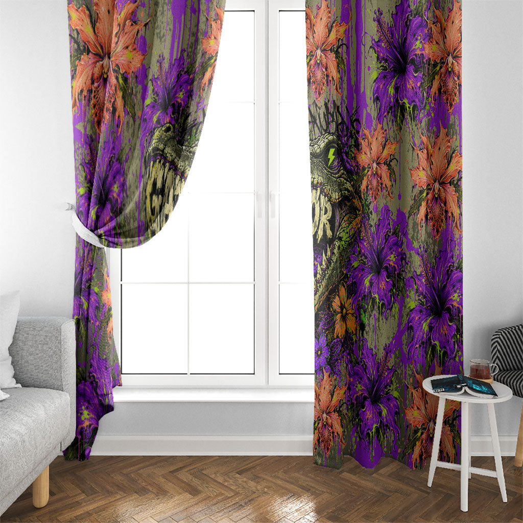 Florida Gator Wild Airboat Window Curtain Tropical Hibiscus Floral Graffiti Paint Splatter Art