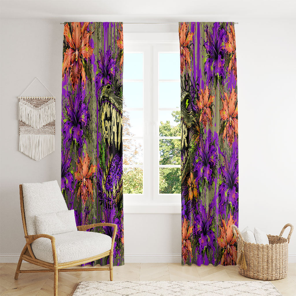 Florida Gator Wild Airboat Window Curtain Tropical Hibiscus Floral Graffiti Paint Splatter Art