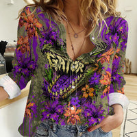 Florida Gator Wild Airboat Women Casual Shirt Tropical Hibiscus Floral Graffiti Paint Splatter Art