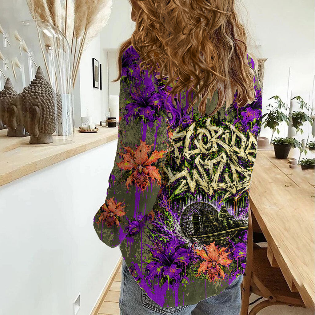 Florida Gator Wild Airboat Women Casual Shirt Tropical Hibiscus Floral Graffiti Paint Splatter Art
