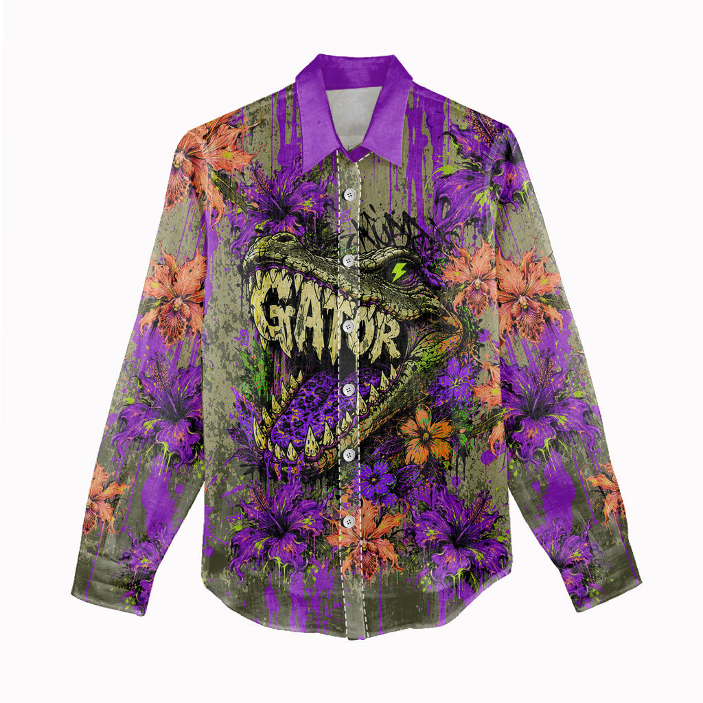 Florida Gator Wild Airboat Women Casual Shirt Tropical Hibiscus Floral Graffiti Paint Splatter Art