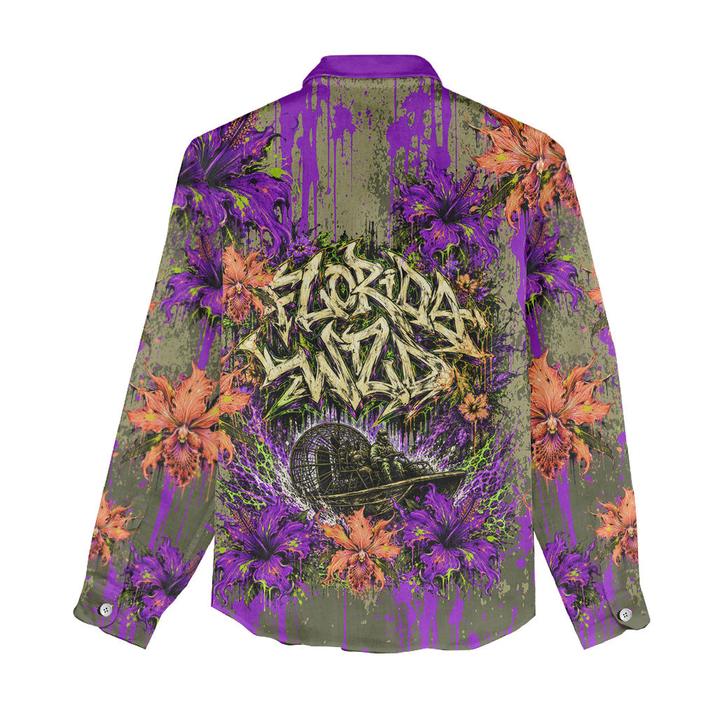 Florida Gator Wild Airboat Women Casual Shirt Tropical Hibiscus Floral Graffiti Paint Splatter Art