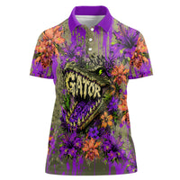 Florida Gator Wild Airboat Women Polo Shirt Tropical Hibiscus Floral Graffiti Paint Splatter Art