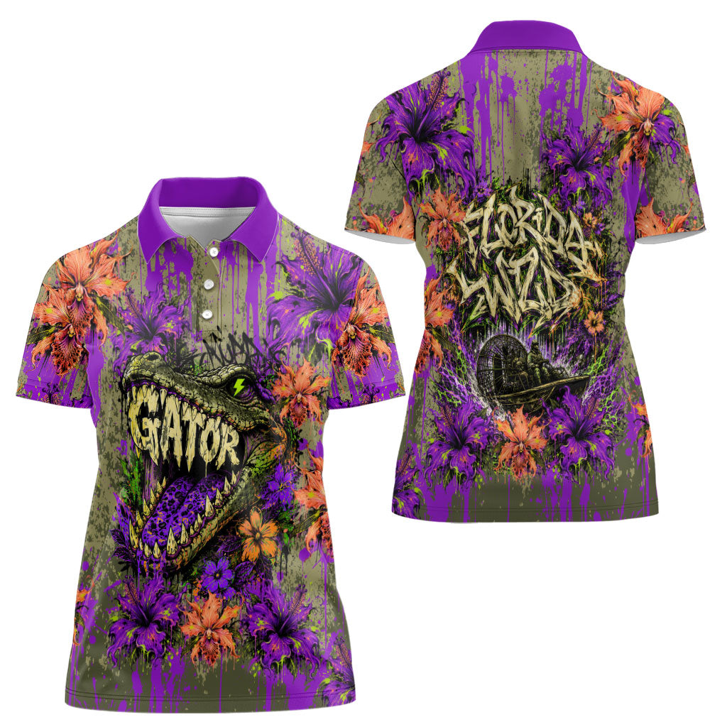 Florida Gator Wild Airboat Women Polo Shirt Tropical Hibiscus Floral Graffiti Paint Splatter Art