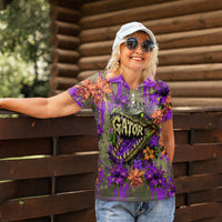 Florida Gator Wild Airboat Women Polo Shirt Tropical Hibiscus Floral Graffiti Paint Splatter Art