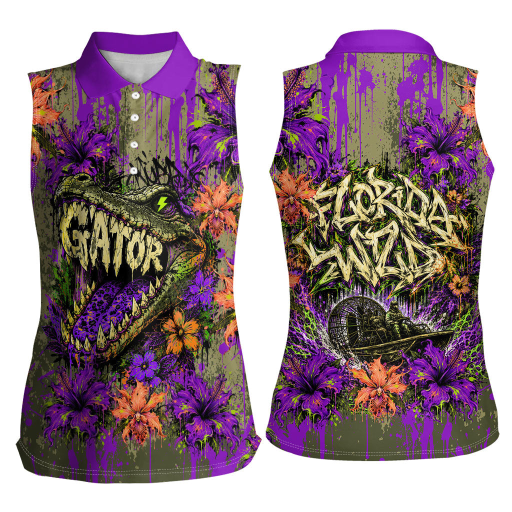 Florida Gator Wild Airboat Women Sleeveless Polo Shirt Tropical Hibiscus Floral Graffiti Paint Splatter Art