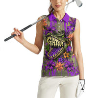 Florida Gator Wild Airboat Women Sleeveless Polo Shirt Tropical Hibiscus Floral Graffiti Paint Splatter Art