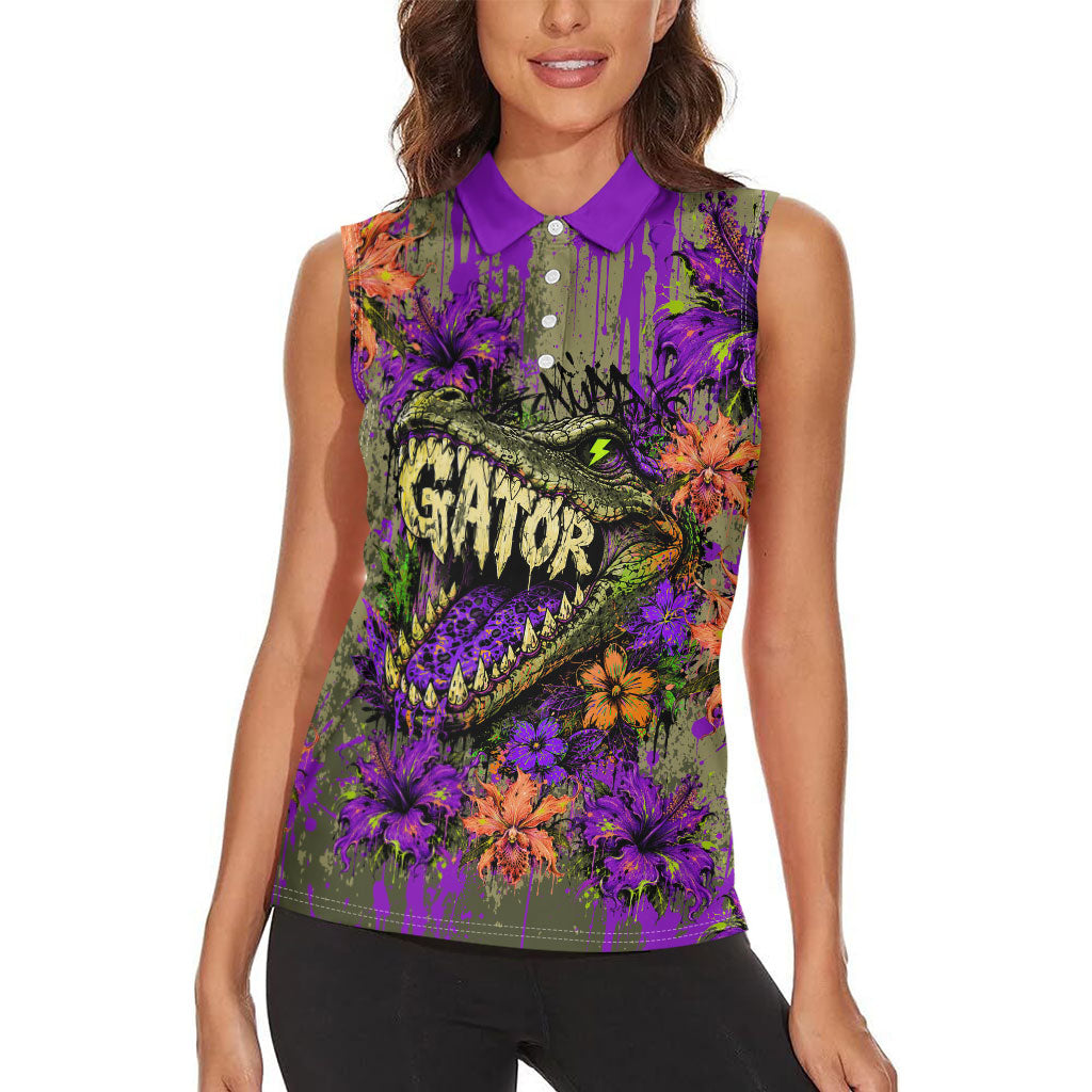 Florida Gator Wild Airboat Women Sleeveless Polo Shirt Tropical Hibiscus Floral Graffiti Paint Splatter Art