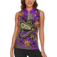 Florida Gator Wild Airboat Women Sleeveless Polo Shirt Tropical Hibiscus Floral Graffiti Paint Splatter Art