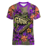 Florida Gator Wild Airboat Women V-Neck T-Shirt Tropical Hibiscus Floral Graffiti Paint Splatter Art