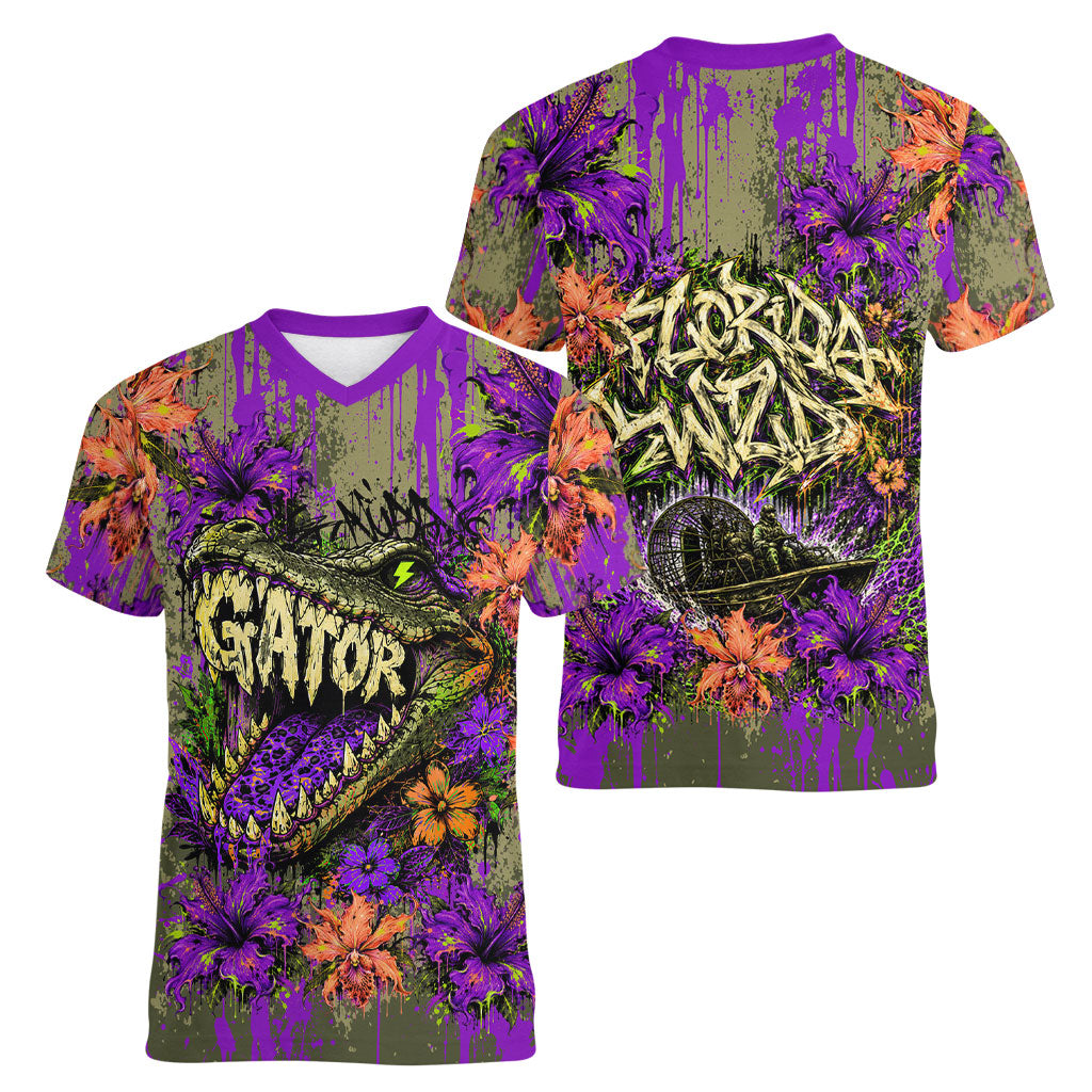 Florida Gator Wild Airboat Women V-Neck T-Shirt Tropical Hibiscus Floral Graffiti Paint Splatter Art