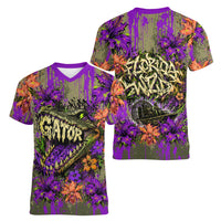 Florida Gator Wild Airboat Women V-Neck T-Shirt Tropical Hibiscus Floral Graffiti Paint Splatter Art