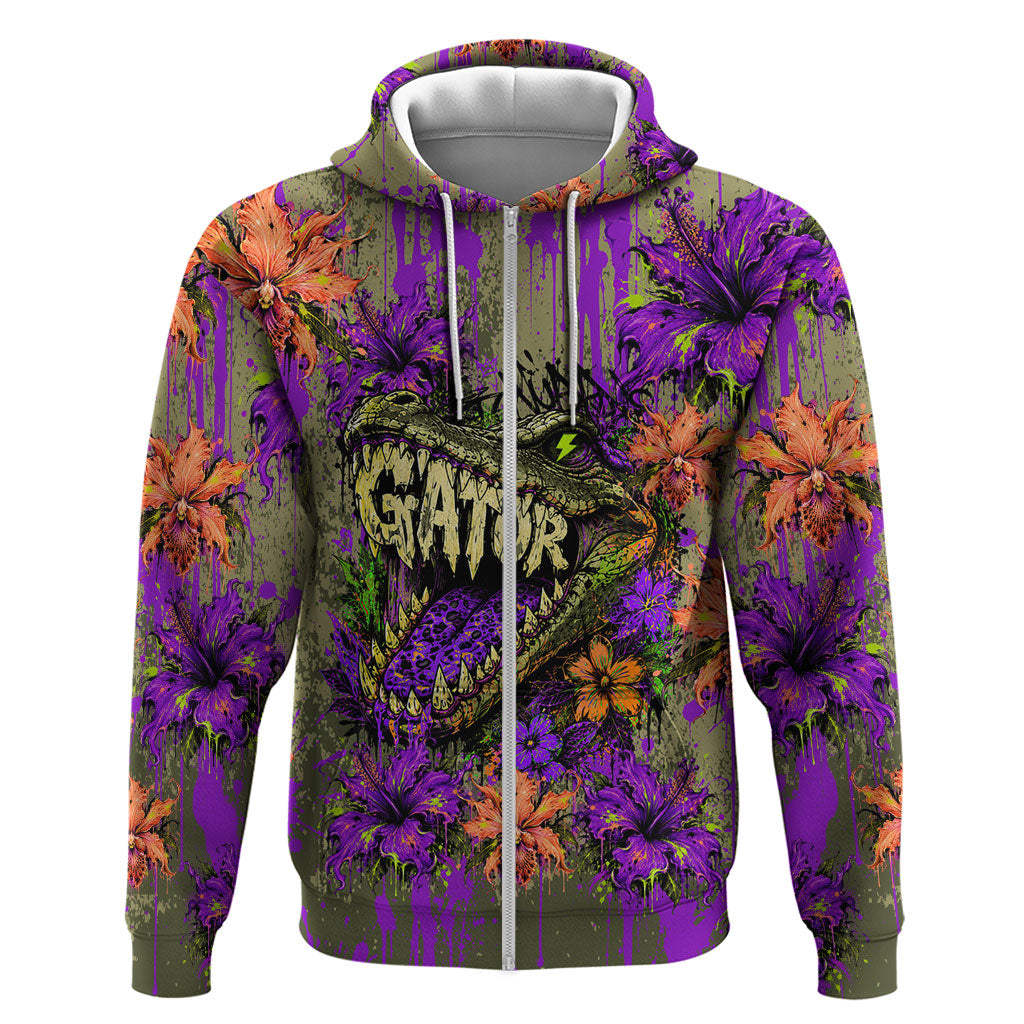 Florida Gator Wild Airboat Zip Hoodie Tropical Hibiscus Floral Graffiti Paint Splatter Art