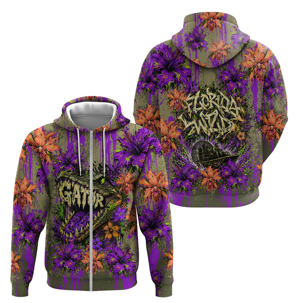 Florida Gator Wild Airboat Zip Hoodie Tropical Hibiscus Floral Graffiti Paint Splatter Art