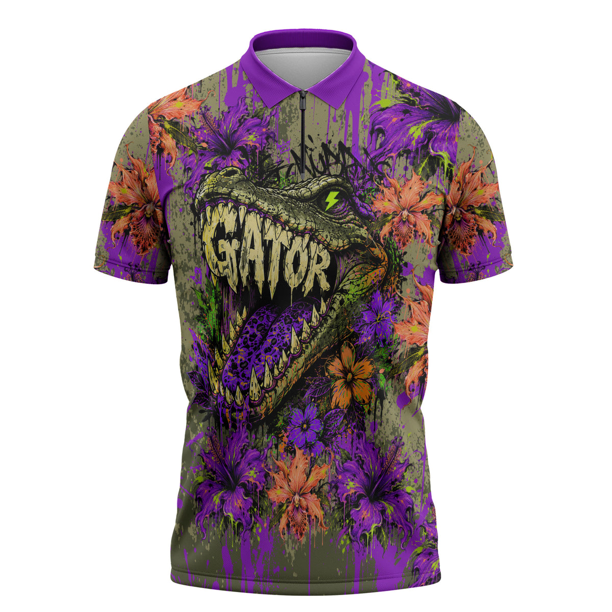 Florida Gator Wild Airboat Zipper Polo Shirt Tropical Hibiscus Floral Graffiti Paint Splatter Art