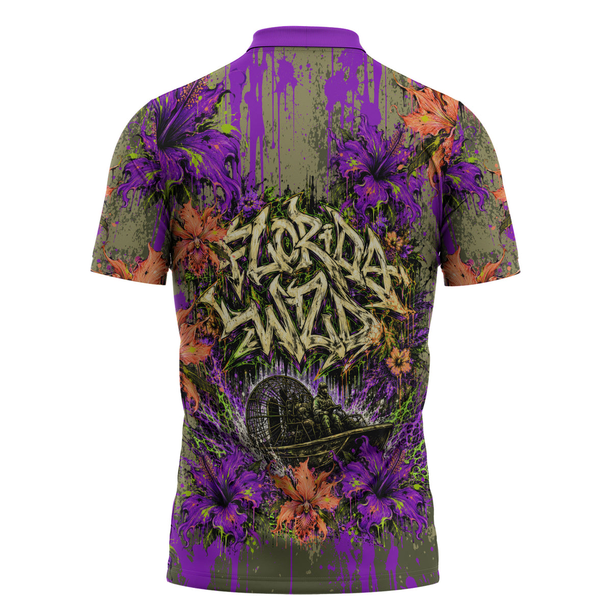Florida Gator Wild Airboat Zipper Polo Shirt Tropical Hibiscus Floral Graffiti Paint Splatter Art