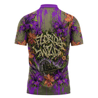 Florida Gator Wild Airboat Zipper Polo Shirt Tropical Hibiscus Floral Graffiti Paint Splatter Art