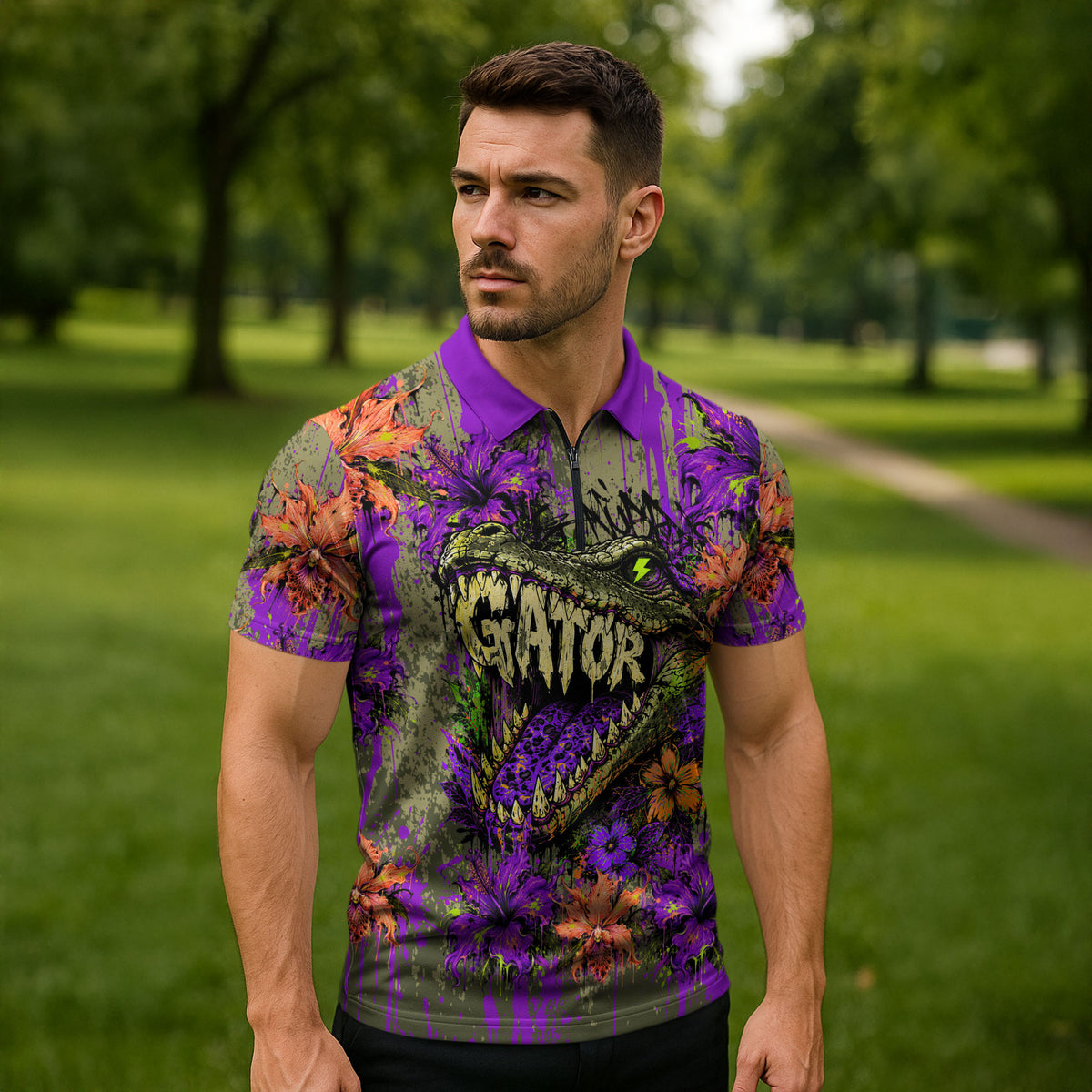 Florida Gator Wild Airboat Zipper Polo Shirt Tropical Hibiscus Floral Graffiti Paint Splatter Art