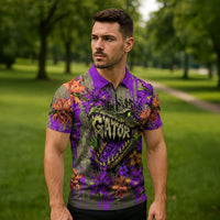 Florida Gator Wild Airboat Zipper Polo Shirt Tropical Hibiscus Floral Graffiti Paint Splatter Art