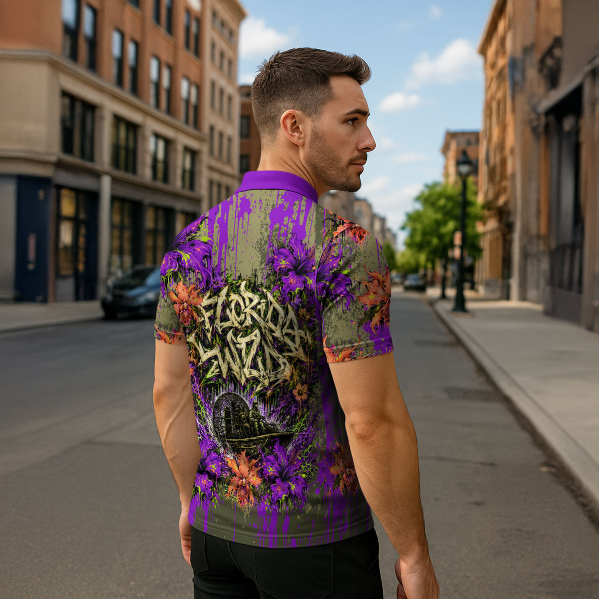 Florida Gator Wild Airboat Zipper Polo Shirt Tropical Hibiscus Floral Graffiti Paint Splatter Art