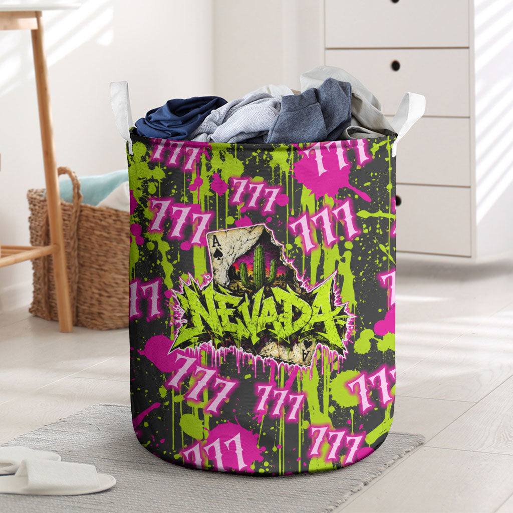 Nevada Battle Born The Silver State 777 Laundry Basket Vibrant Lime Pink Splatter Punk Rock Bull Skull Art
