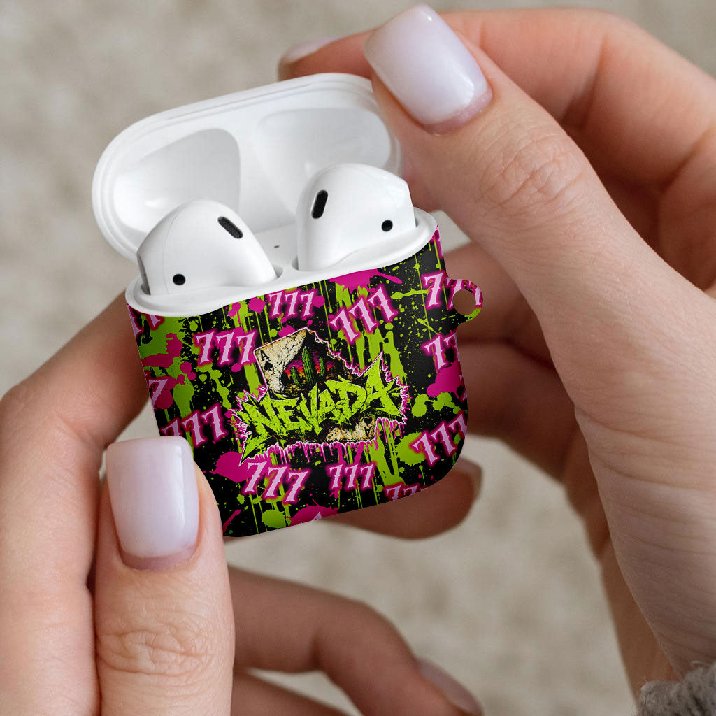 Nevada Battle Born The Silver State 777 AirPods Case Vibrant Lime Pink Splatter Punk Rock Bull Skull Art