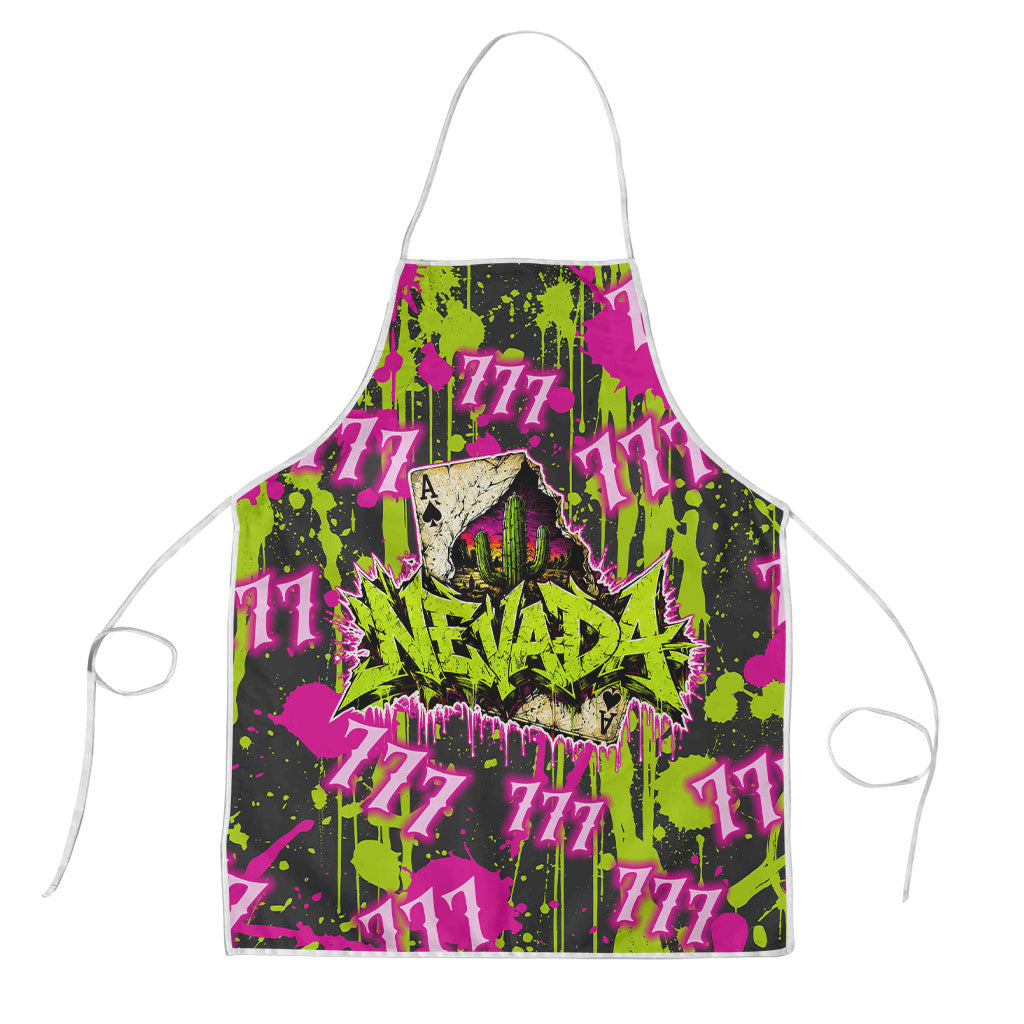 Nevada Battle Born The Silver State 777 Apron Vibrant Lime Pink Splatter Punk Rock Bull Skull Art