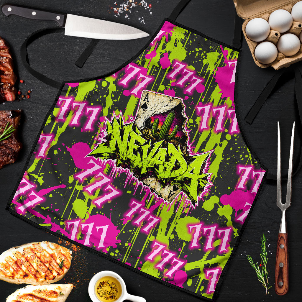 Nevada Battle Born The Silver State 777 Apron Vibrant Lime Pink Splatter Punk Rock Bull Skull Art