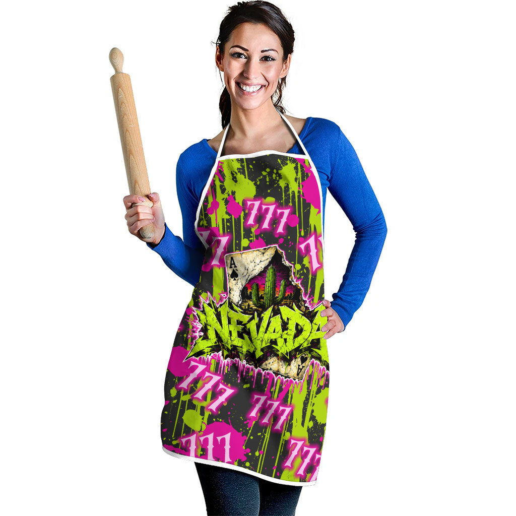 Nevada Battle Born The Silver State 777 Apron Vibrant Lime Pink Splatter Punk Rock Bull Skull Art