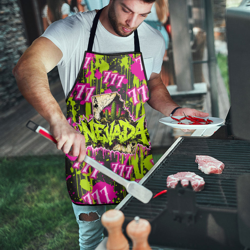 Nevada Battle Born The Silver State 777 Apron Vibrant Lime Pink Splatter Punk Rock Bull Skull Art