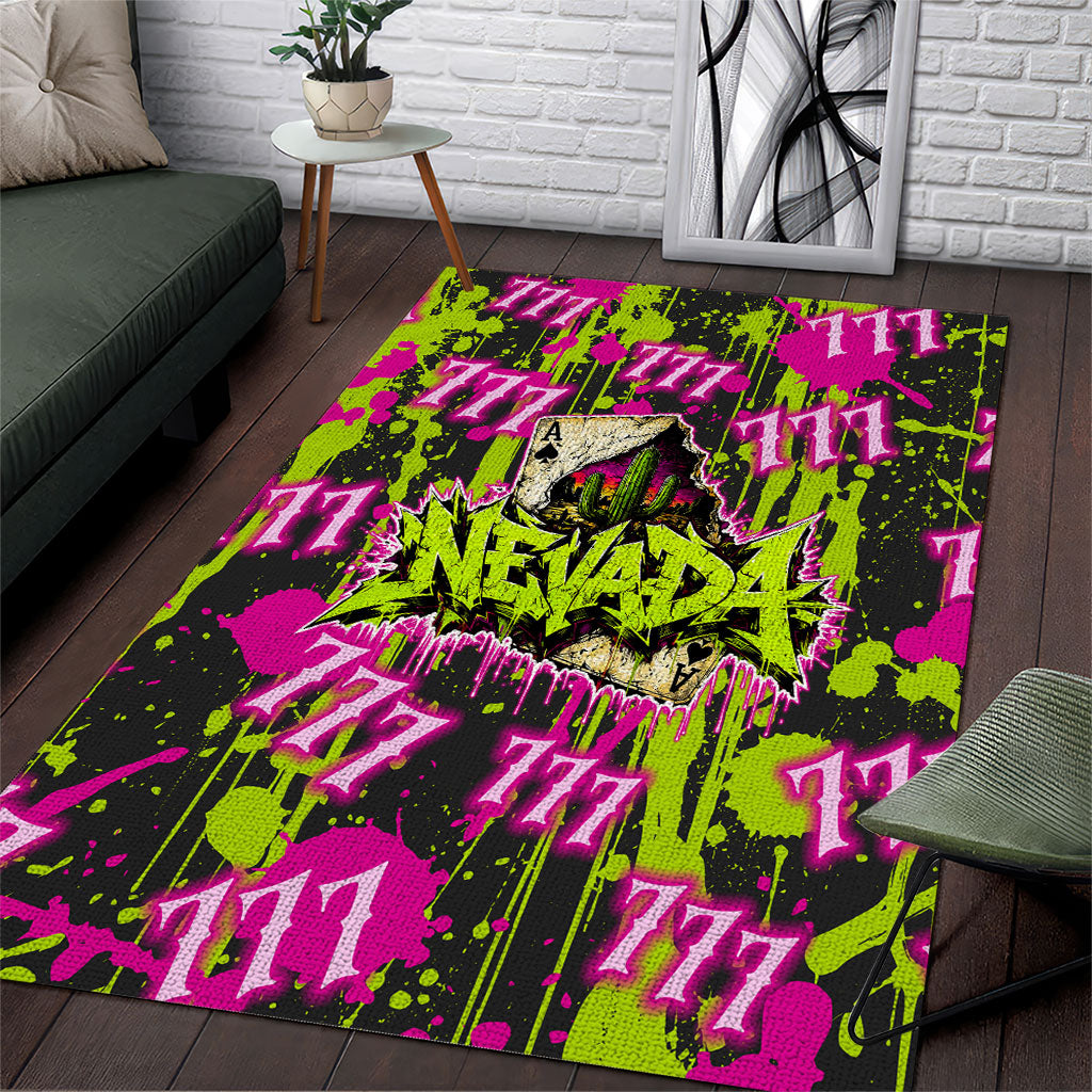 Nevada Battle Born The Silver State 777 Area Rug Vibrant Lime Pink Splatter Punk Rock Bull Skull Art