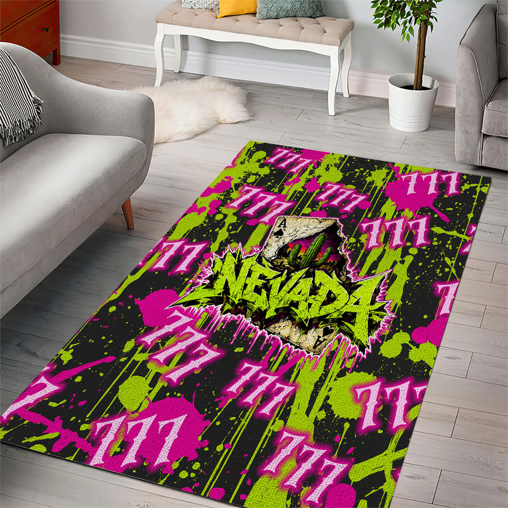 Nevada Battle Born The Silver State 777 Area Rug Vibrant Lime Pink Splatter Punk Rock Bull Skull Art