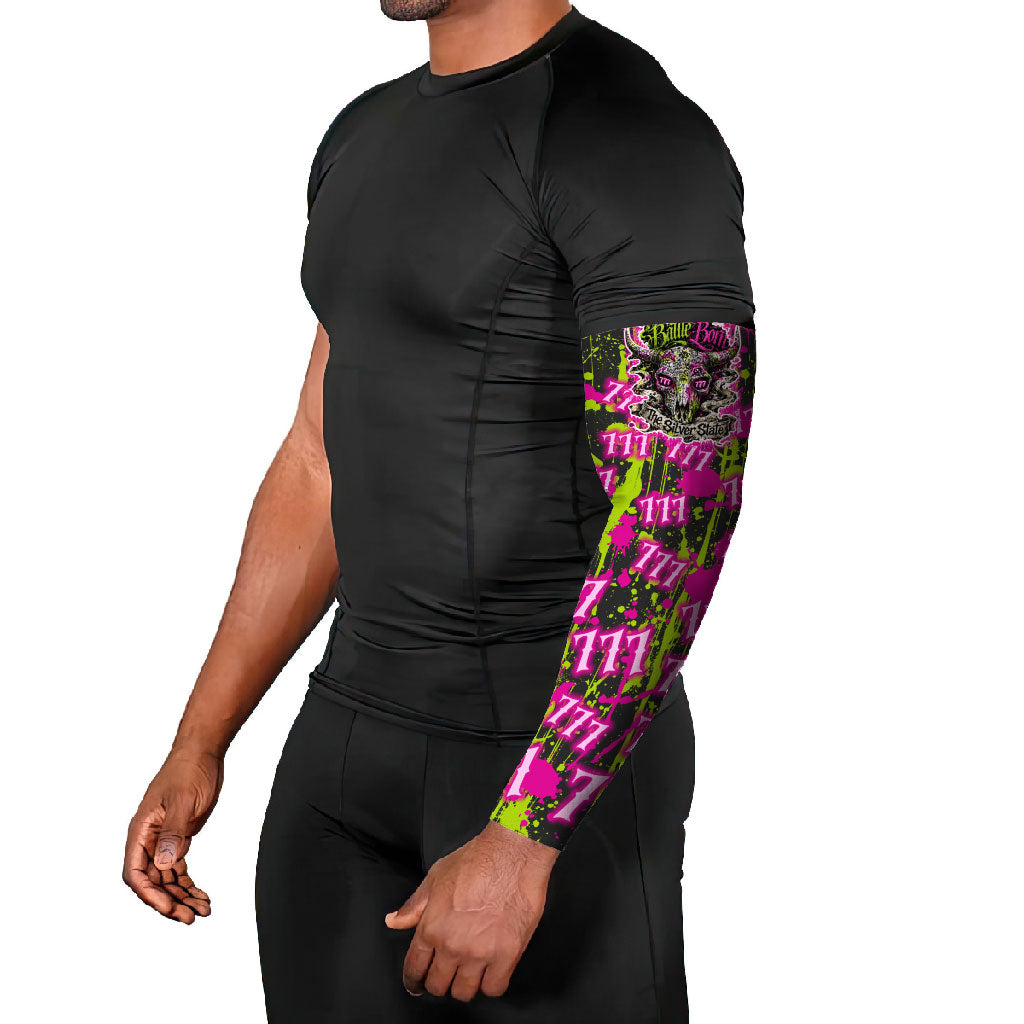 Nevada Battle Born The Silver State 777 Arm Sleeves Vibrant Lime Pink Splatter Punk Rock Bull Skull Art