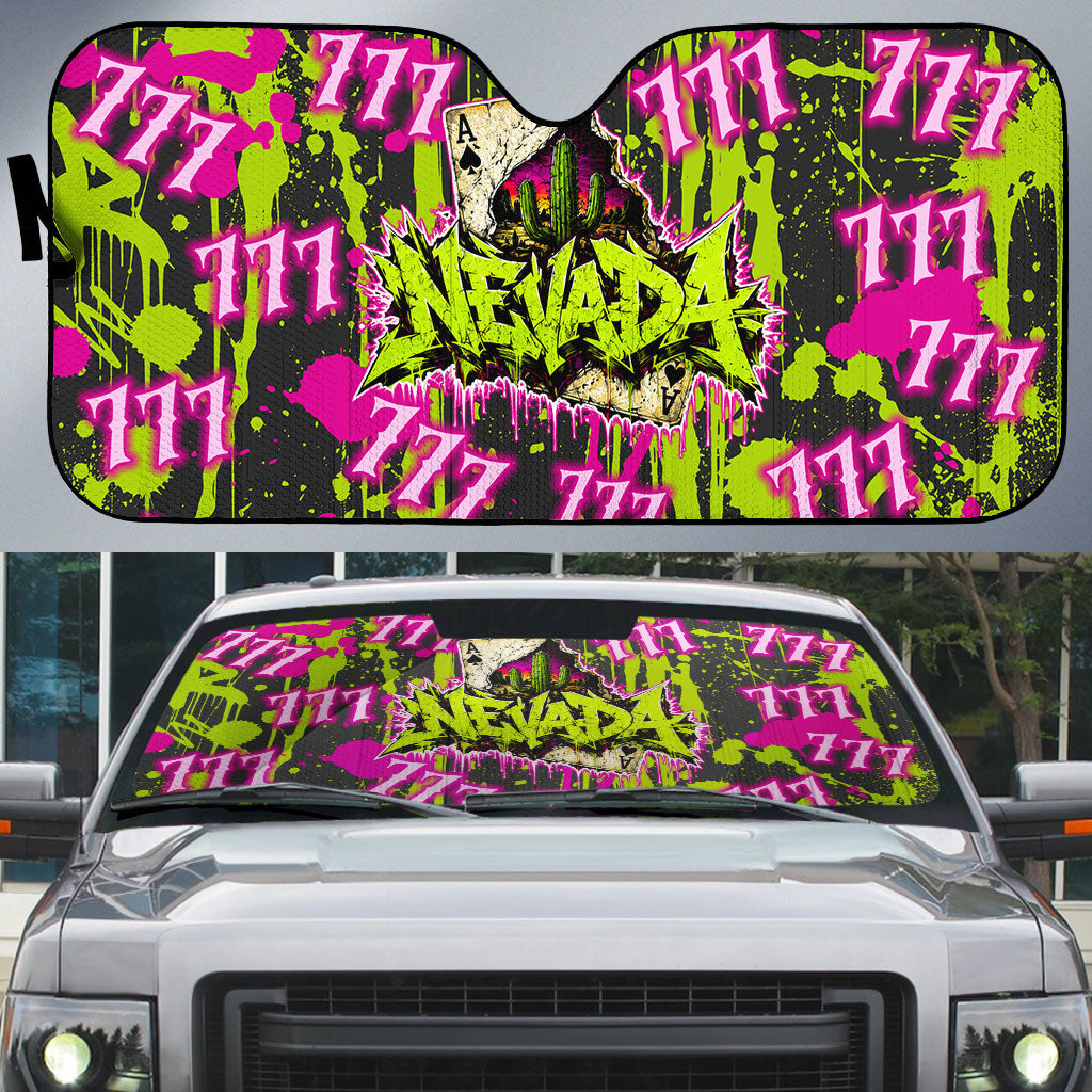 Nevada Battle Born The Silver State 777 Auto Sun Shade Vibrant Lime Pink Splatter Punk Rock Bull Skull Art
