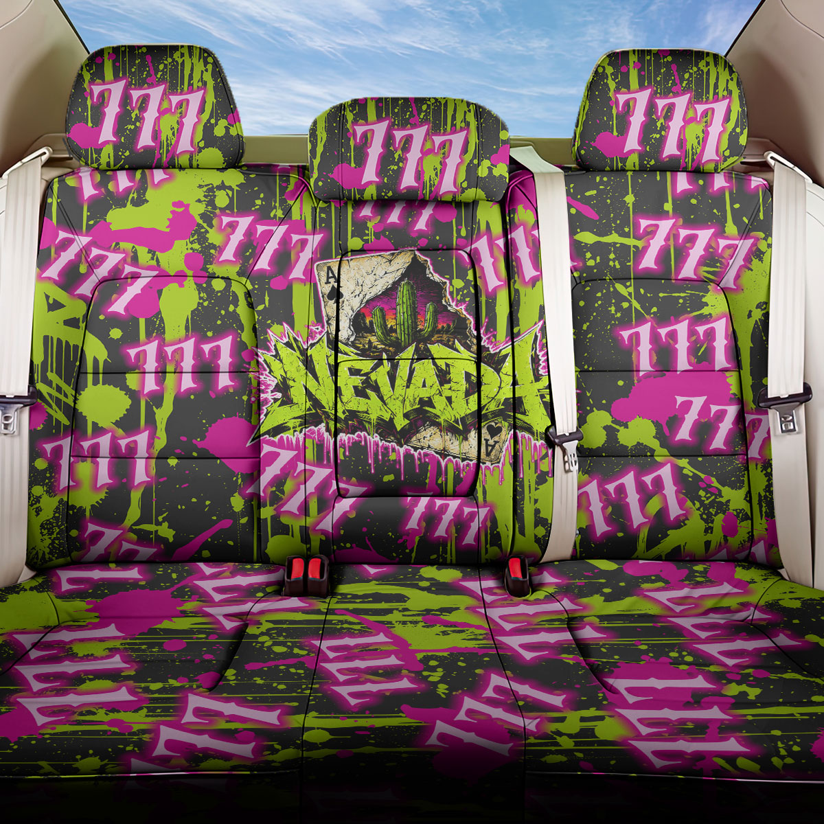 Nevada Battle Born The Silver State 777 Back Car Seat Cover Vibrant Lime Pink Splatter Punk Rock Bull Skull Art