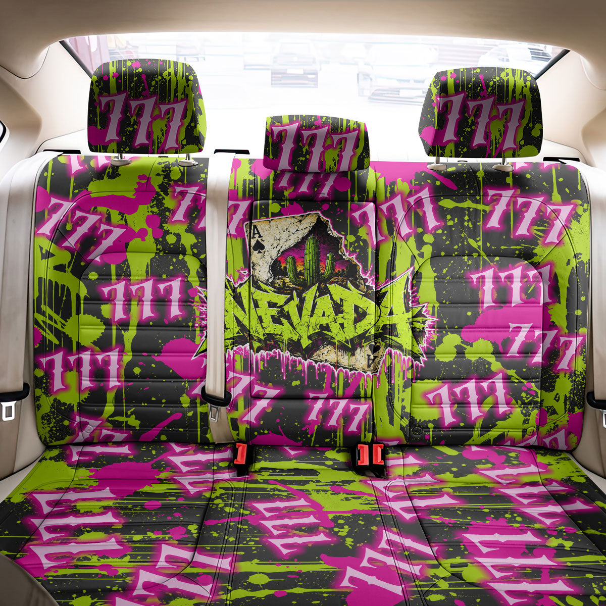 Nevada Battle Born The Silver State 777 Back Car Seat Cover Vibrant Lime Pink Splatter Punk Rock Bull Skull Art
