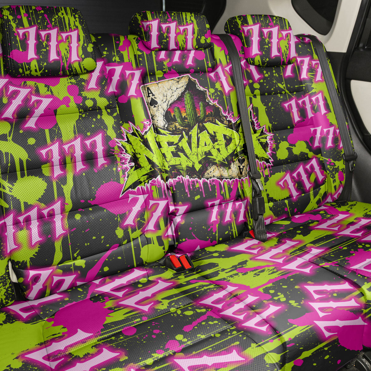 Nevada Battle Born The Silver State 777 Back Car Seat Cover Vibrant Lime Pink Splatter Punk Rock Bull Skull Art