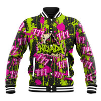 Nevada Battle Born The Silver State 777 Baseball Jacket Vibrant Lime Pink Splatter Punk Rock Bull Skull Art