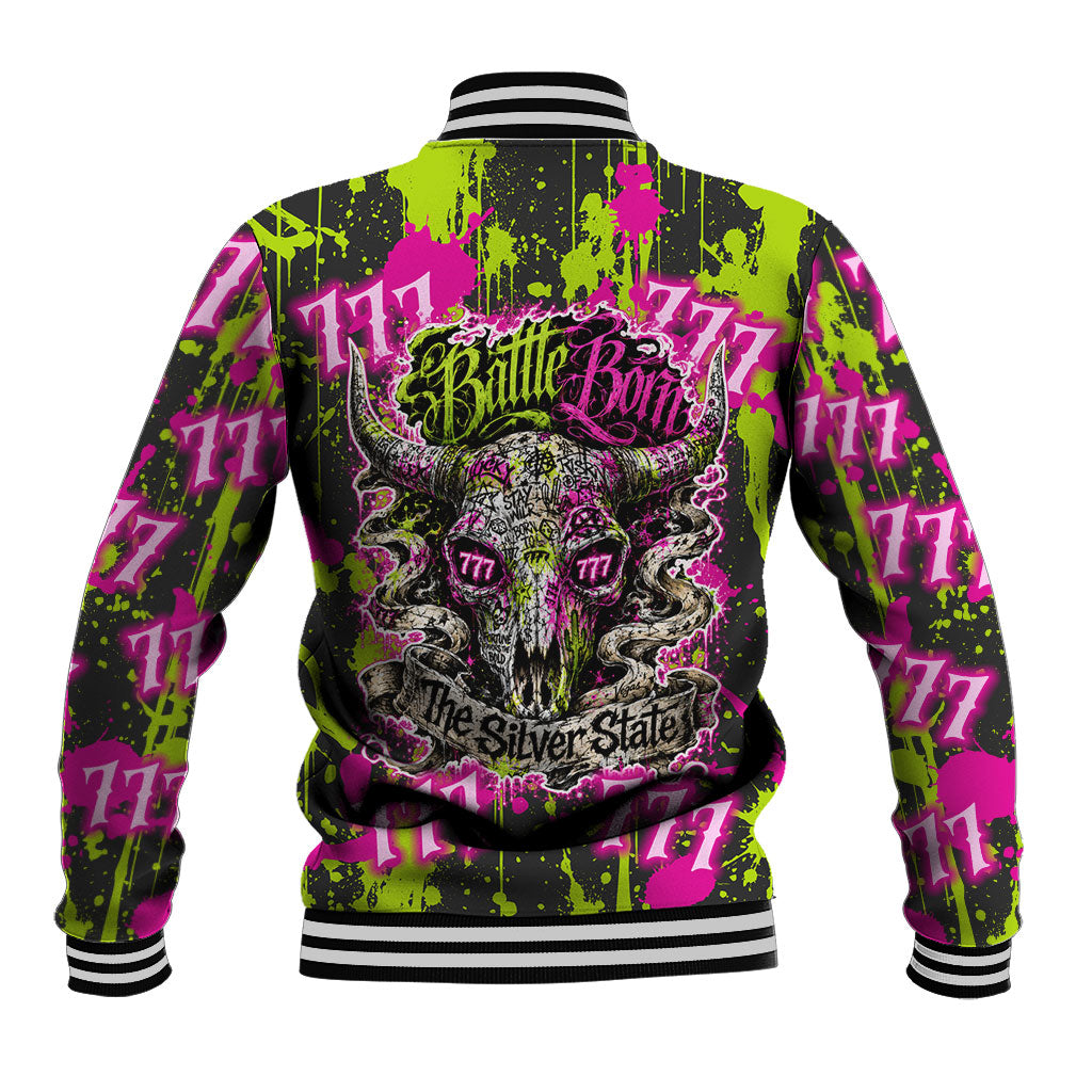 Nevada Battle Born The Silver State 777 Baseball Jacket Vibrant Lime Pink Splatter Punk Rock Bull Skull Art
