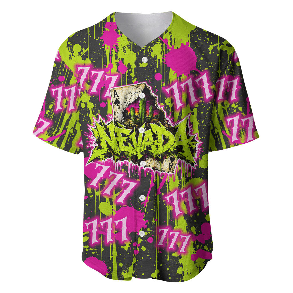 Nevada Battle Born The Silver State 777 Baseball Jersey Vibrant Lime Pink Splatter Punk Rock Bull Skull Art