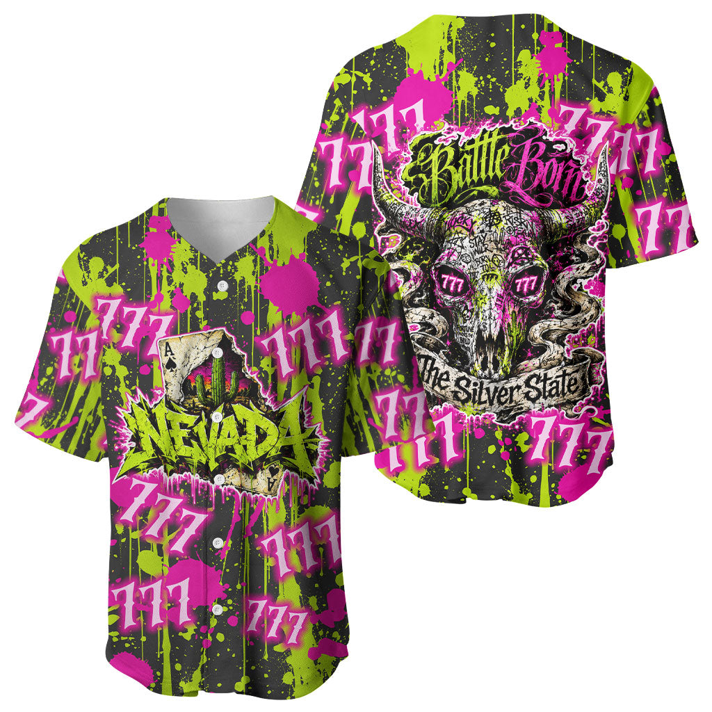 Nevada Battle Born The Silver State 777 Baseball Jersey Vibrant Lime Pink Splatter Punk Rock Bull Skull Art