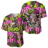 Nevada Battle Born The Silver State 777 Baseball Jersey Vibrant Lime Pink Splatter Punk Rock Bull Skull Art